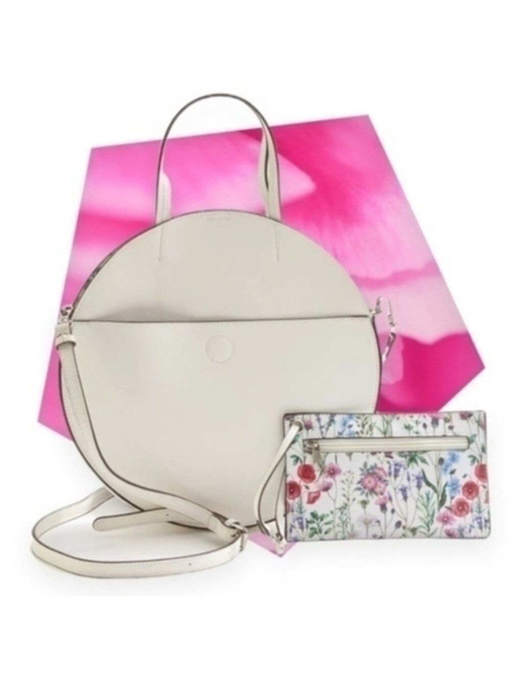 COLLECTION XIIX White Faux Leather Tambourine Tote w/Floral Printed Pouch NWT